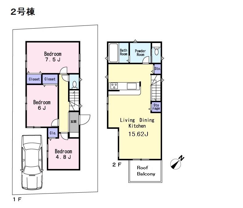 Floor plan. (Building 2), Price 47,800,000 yen, 3LDK, Land area 100.19 sq m , Building area 79.7 sq m
