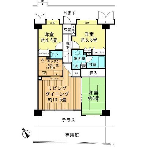 Floor plan. 3LDK, Price 21,800,000 yen, Occupied area 66.87 sq m , Balcony area 11.6 sq m