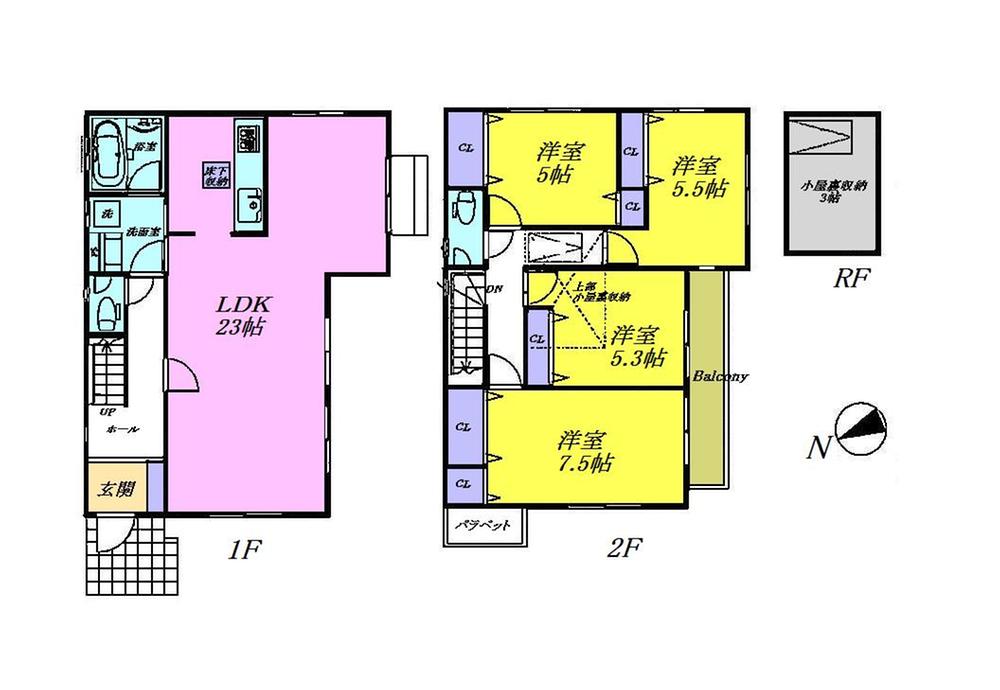Floor plan. 54,800,000 yen, 4LDK, Land area 103.89 sq m , 4LDK of LDK23 Pledge and the main bedroom 7.5 Pledge of building area 109.3 sq m face-to-face kitchen. There is also such as attic storage is a floor plan of the entire room with storage. 