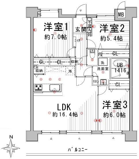 Floor plan. 3LDK, Price 32,900,000 yen, Occupied area 78.52 sq m , Balcony area 14.5 sq m