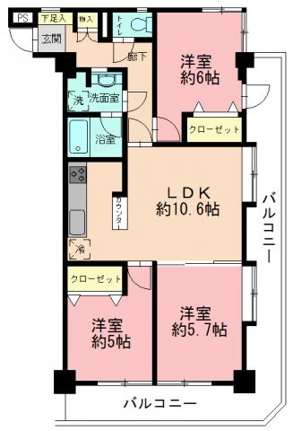 Floor plan. 3LDK, Price 22,900,000 yen, Occupied area 61.81 sq m , Balcony area 15.87 sq m