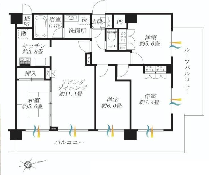 Floor plan. 4LDK, Price 31,800,000 yen, Footprint 85.6 sq m , This property is surrounded by a balcony area 17.55 sq m balcony!