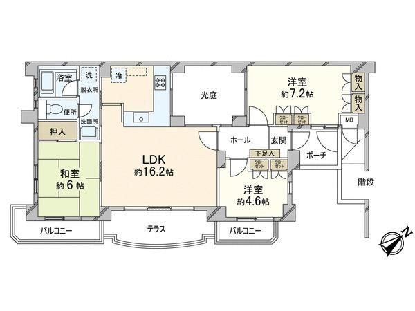 Floor plan. 3LDK, Price 21,800,000 yen, Occupied area 72.88 sq m , Balcony area 15.49 sq m top floor ・ 3LDK southwest angle room