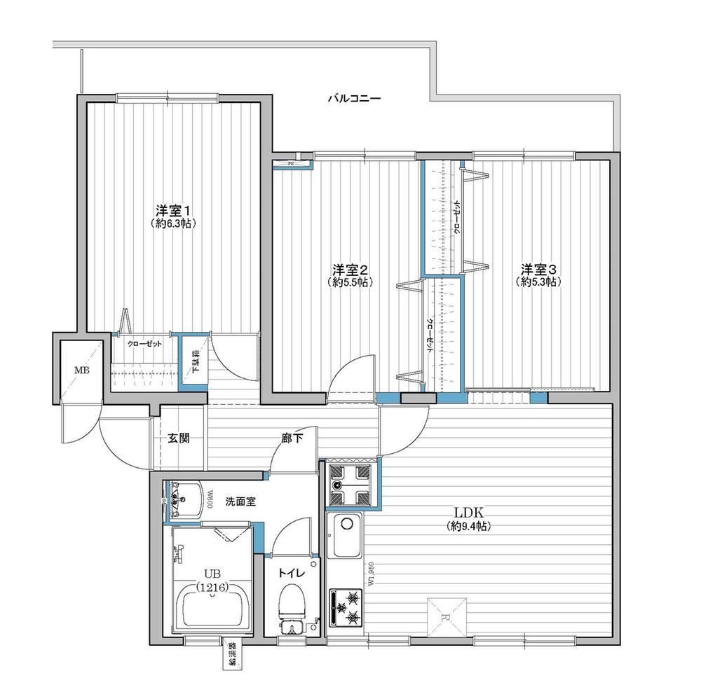 Floor plan. 3LDK, Price 13.3 million yen, Occupied area 59.63 sq m , Balcony area 9.24 sq m