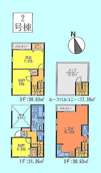 Floor plan. (Building 2), Price 29,960,000 yen, 3LDK, Land area 51.83 sq m , Building area 95.83 sq m
