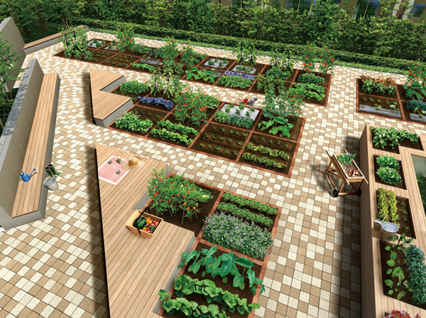Shared facilities.  [Garden farm] Vegetable garden space to enjoy gardening in the resident each other. Ya wood deck, such as the veranda, Table garden, Tree planting space of the memorial tree was also installed. (Rendering CG)