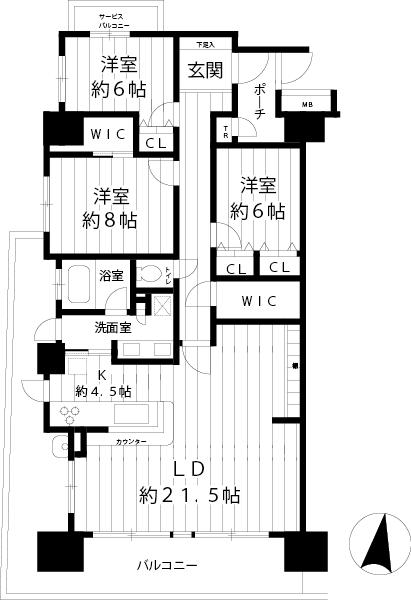 Floor plan. 3LDK, Price 47,800,000 yen, Footprint 110.06 sq m , Balcony area 31.04 sq m footprint 110.06 sq m  Good per sun every three direction angle room