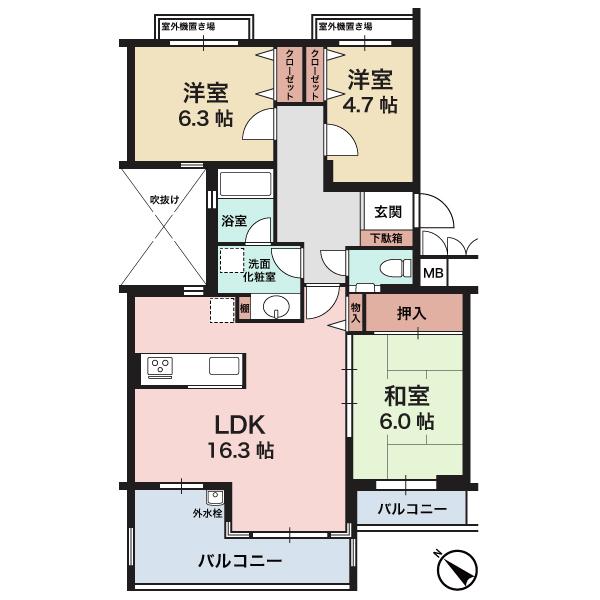 Floor plan. 3LDK, Price 22,800,000 yen, Footprint 77.1 sq m , Balcony area 11.82 sq m 2 sided balcony - in there and airy! This window is many a bright room.