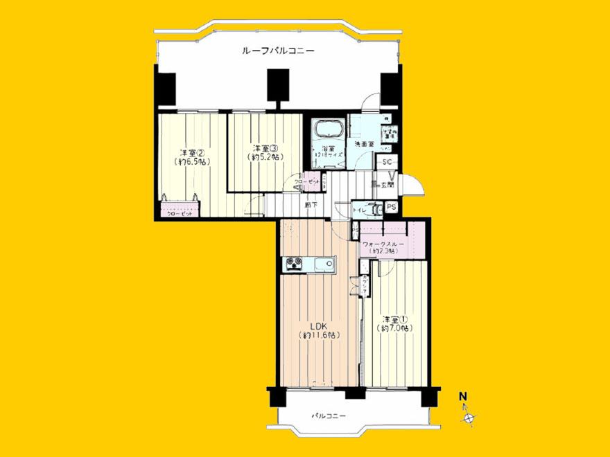 Floor plan. 3LDK, Price 24,990,000 yen, Occupied area 73.28 sq m , Balcony area 8.91 sq m