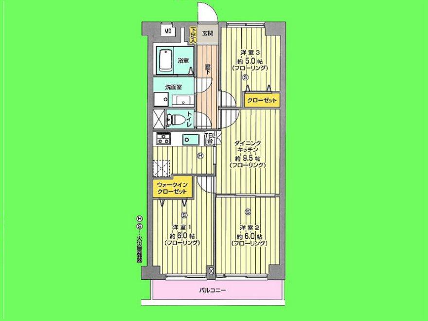 Floor plan. 3LDK, Price 15,950,000 yen, Occupied area 58.86 sq m , Balcony area 5.1 sq m
