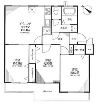 Floor plan. 3DK, Price 13.3 million yen, Occupied area 59.63 sq m , Balcony area 9.24 sq m