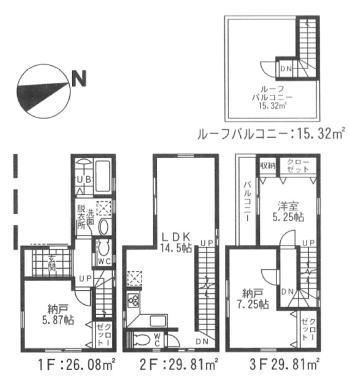 Floor plan. (3 Building), Price 27,960,000 yen, 1LDK+2S, Land area 50.46 sq m , Building area 89.01 sq m