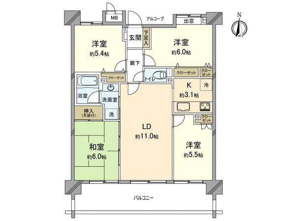 Floor plan. 4LDK, Price 33,400,000 yen, Occupied area 77.49 sq m , 4LDK of balcony area 14.7 sq m with a floor heating