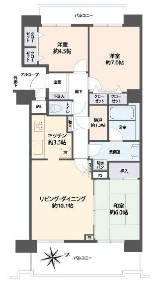 Floor plan. 3LDK, Price 32,800,000 yen, Occupied area 75.26 sq m , Balcony area 18.36 sq m