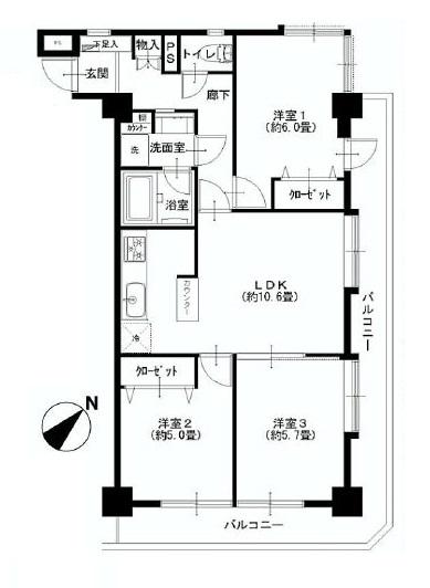 Floor plan. 3LDK, Price 22,900,000 yen, Occupied area 61.81 sq m , Balcony area 15.87 sq m