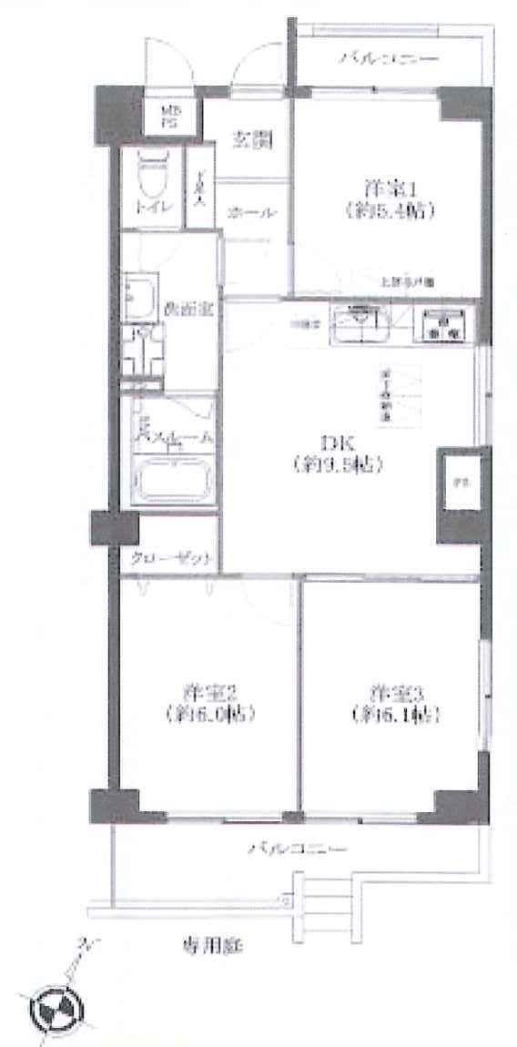Floor plan. 3DK, Price 17,900,000 yen, Occupied area 58.32 sq m , Balcony area 9.1 sq m