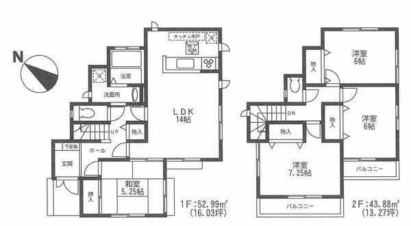 Floor plan. (1-3 Building), Price 49,800,000 yen, 4LDK, Land area 130.38 sq m , Building area 96.87 sq m