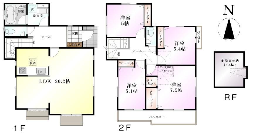 Floor plan. (1 Building), Price 57,800,000 yen, 4LDK, Land area 113.31 sq m , Building area 105.16 sq m