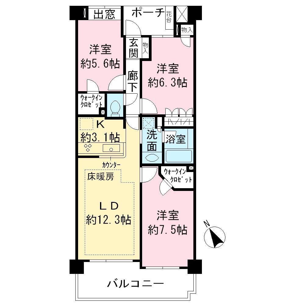 Floor plan. 3LDK, Price 26,800,000 yen, Occupied area 73.57 sq m , Balcony area 11.04 sq m