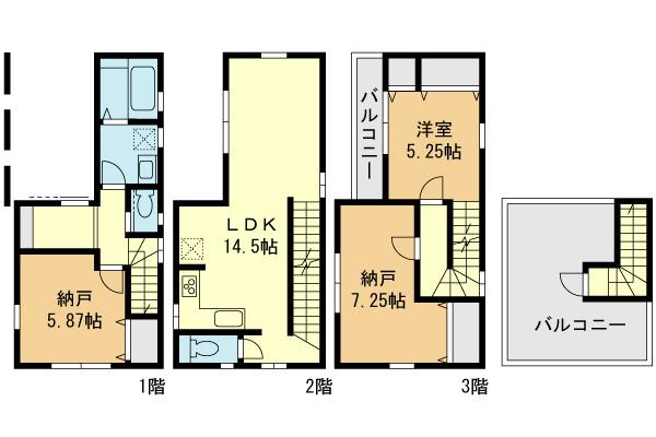 Floor plan. (3 Building), Price 27,960,000 yen, 1LDK+2S, Land area 50.46 sq m , Building area 89.01 sq m