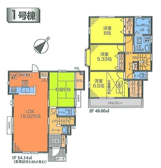 Floor plan. (1 Building), Price 42,800,000 yen, 4LDK, Land area 125.06 sq m , Building area 103.14 sq m