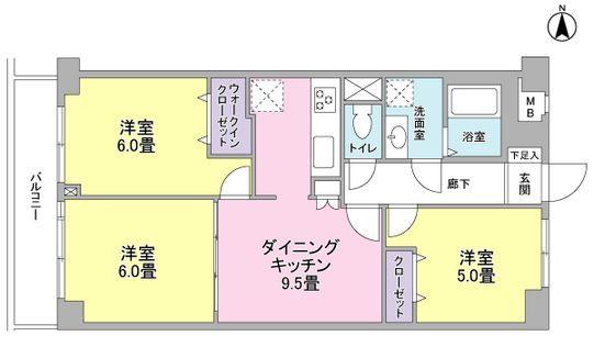 Floor plan. 3DK, Price 15,950,000 yen, Occupied area 58.86 sq m , Balcony area 5.1 sq m