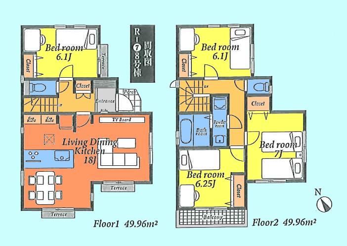 Floor plan. (R7-8 Building), Price 32,500,000 yen, 4LDK, Land area 125.09 sq m , Building area 99.92 sq m
