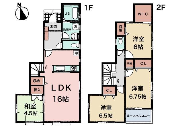 Floor plan. 34,800,000 yen, 4LDK, Land area 145.51 sq m , Living stairs and face-to-face kitchen in the building area 99.36 sq m children eyes reach