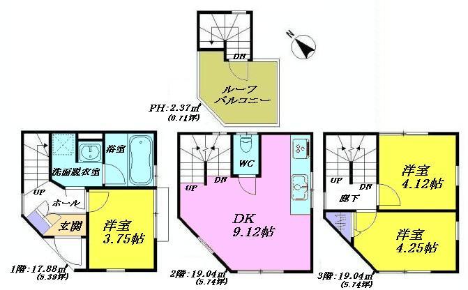 Floor plan. 29,800,000 yen, 3DK, Land area 46.47 sq m , Building area 58.33 sq m DK9.12 Pledge ・ Western-style 3.75 Pledge ・ Western-style 4.12 Pledge ・ Western-style is a floor plan of the three-story 3DK of 4.25 quire.