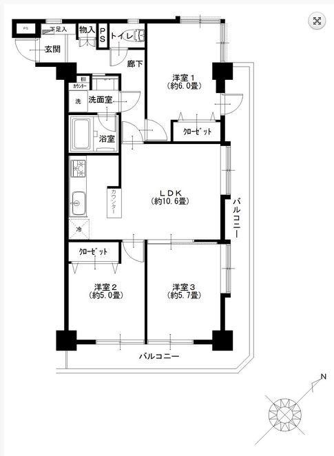 Floor plan. 3LDK, Price 22,900,000 yen, Occupied area 61.81 sq m , Balcony area 15.87 sq m southeast corner room 3LDK