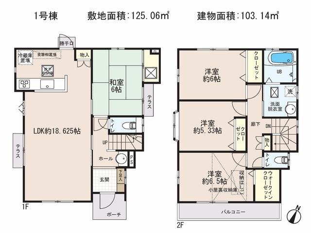 Floor plan. (1 Building), Price 42,800,000 yen, 4LDK, Land area 125.06 sq m , Building area 103.14 sq m