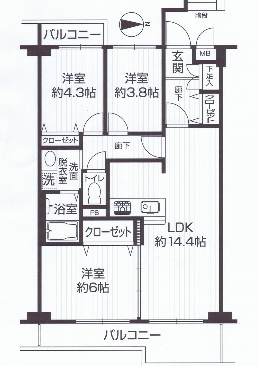 Floor plan. 3LDK, Price 18.3 million yen, Occupied area 60.48 sq m , Balcony area 9.72 sq m