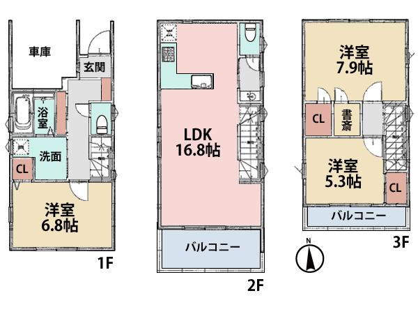 Floor plan. (Building 2), Price 32,500,000 yen, 3LDK, Land area 63.19 sq m , Building area 98.74 sq m