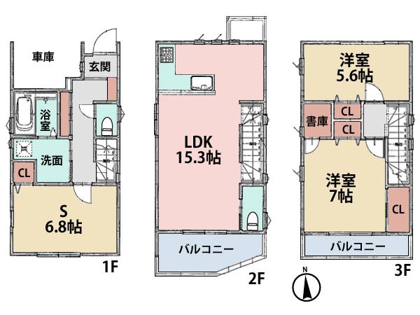 Floor plan. (3 Building), Price 32,500,000 yen, 2LDK+S, Land area 59.41 sq m , Building area 92.53 sq m