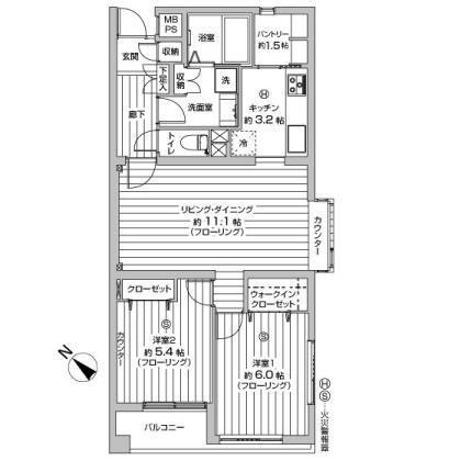 Floor plan. 2LDK, Price 21,800,000 yen, Occupied area 62.74 sq m , Balcony area 3.82 sq m Floor