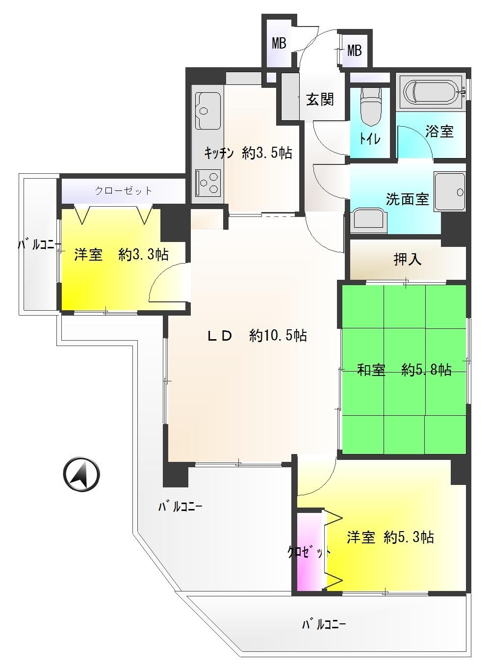 Floor plan. 3LDK, Price 26,800,000 yen, Occupied area 63.49 sq m , Balcony area 10.8 sq m