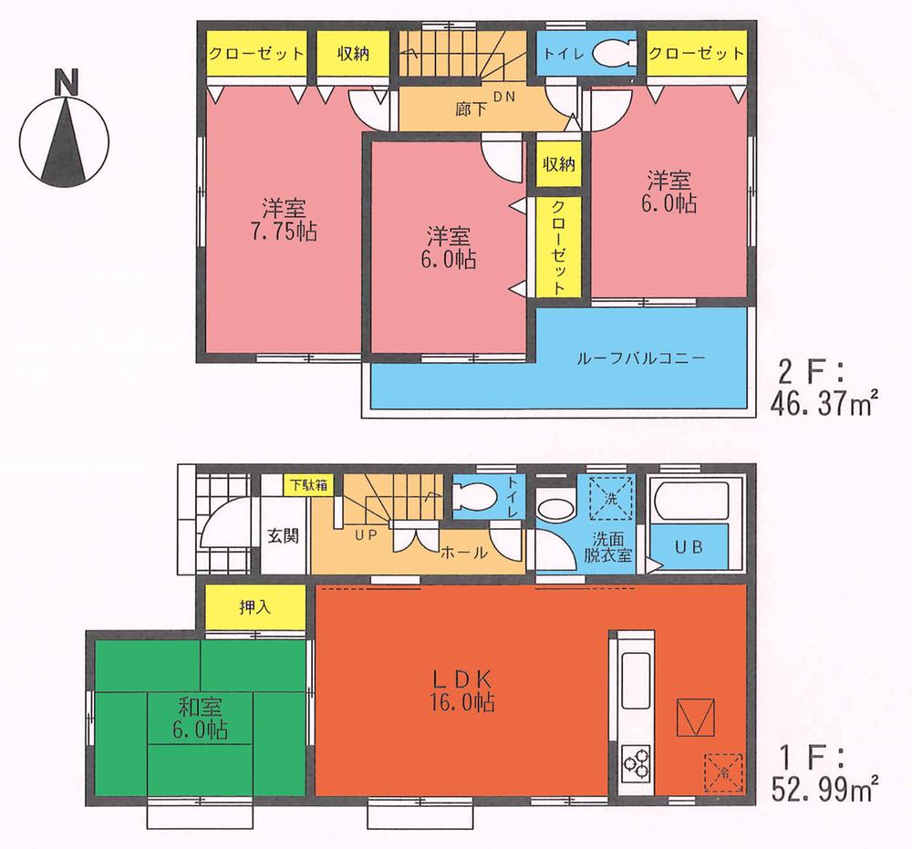 Floor plan. 35,800,000 yen, 4LDK, Land area 155.44 sq m , Building area 99.36 sq m Zenshitsuminami direction! Large wide balcony and large garden on the south side