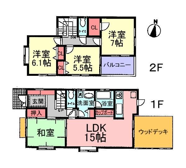 Floor plan. 32,800,000 yen, 4LDK, Land area 173.32 sq m , It is taken between building area 97.7 sq m usability good! Large wood deck looks attractive! 