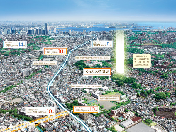 Surrounding environment. 8 minutes direct to "Kannai" station at the blue line than "Gumyoji" station, a 10-minute walk. Ya Blue Line "Makita" station, Gumyoji shopping street (about 760m) to not only like and the traffic access 10-minute walk, Also enhance within walking distance of the living environment. (Which it was subjected to a CG processing to aerial photograph of the August 2012 shooting, In fact a slightly different)