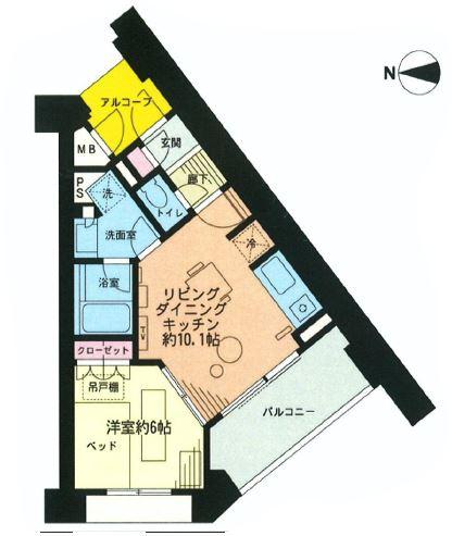 Floor plan. 1LDK, Price 23.8 million yen, Occupied area 39.04 sq m , Balcony area 9.21 sq m per yang good southwest angle room