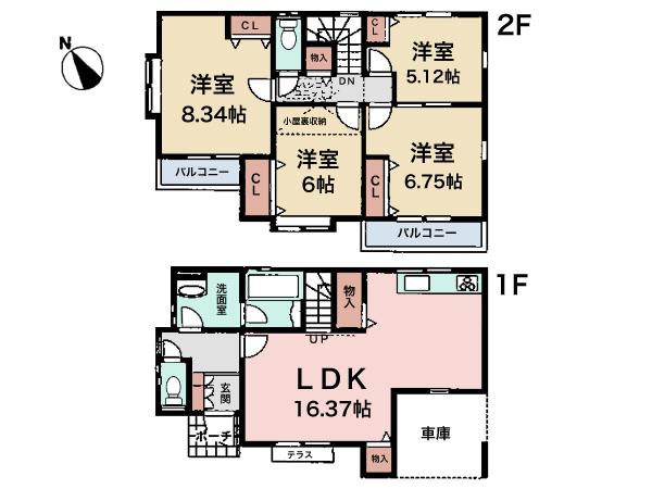 Floor plan. (1 Building), Price 34,800,000 yen, 4LDK, Land area 126.76 sq m , Building area 100.09 sq m