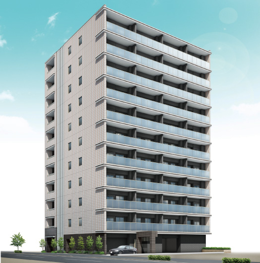 Features of the building.  [Exterior - Rendering] Shine in green sky blue and park, Neat form in which the stripes of white and light brown tones. The balcony adopted a glass handrail, By accentuate the horizontal line, It is a sense of stability design.