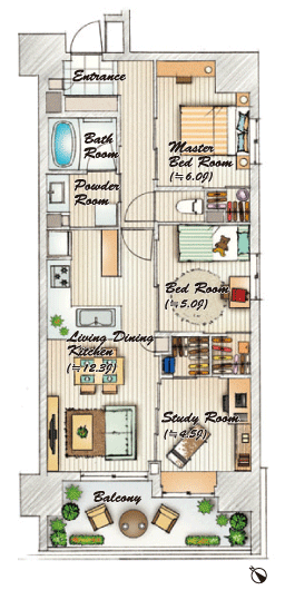 Room and equipment. Open-minded corner dwelling unit center, Ease of use is good rich storage, etc., Planning attractive devised considering the life-friendliness. (D type furniture arrangement example: 2LD ・ K+S+3WIC Occupied area / 64.41 sq m  Balcony area / 11.40 sq m  Alcove area / 0.52 sq m  Collection rate: about 12.01%)