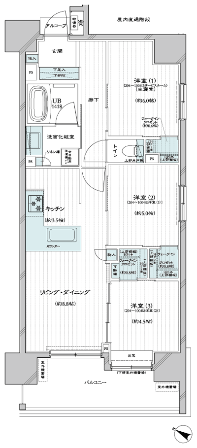 Floor: 3LD ・ K + 3WIC (11 floor only) / 2LD ・ K + S + 3WIC, occupied area: 64.41 sq m