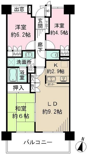 Floor plan. 3LDK, Price 23.8 million yen, Occupied area 62.98 sq m , Balcony area 10.35 sq m