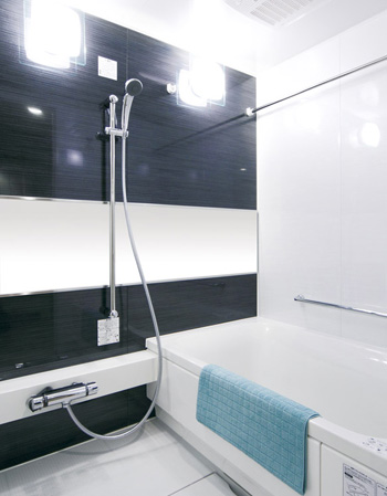 Bathing-wash room.  [Bathroom] Or stretched in the tub a certain amount of hot water in one switch, Keep warm, Adopted the "Auto function bus (semi-automatic) that Reheating can like. You can be operated from the kitchen.