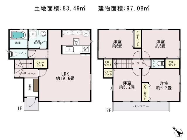 Floor plan. (Building 2), Price 38,800,000 yen, 4LDK, Land area 83.49 sq m , Building area 97.08 sq m