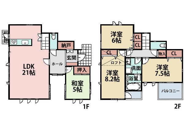 Floor plan. 47,800,000 yen, 4LDK + S (storeroom), Land area 178.98 sq m , It is south-facing floor plan to insert the building area 113.44 sq m sunshine. 21 Pledge of LDK is a very open-minded breadth.