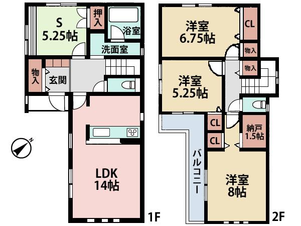 Floor plan. (1 Building), Price 37,800,000 yen, 3LDK+S, Land area 105.22 sq m , Building area 94.76 sq m