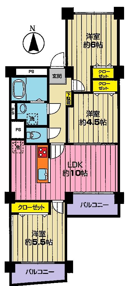 Floor plan. 3LDK, Price 13.5 million yen, Occupied area 61.84 sq m , Balcony area 3.59 sq m